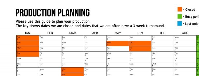 Bespoke Laser UK Production Calendar 2022