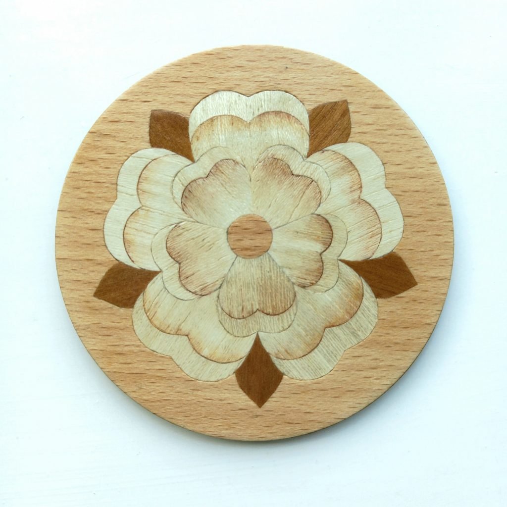 Yorkshire rose coaster marquetry project - Kay Vincent - LaserSister